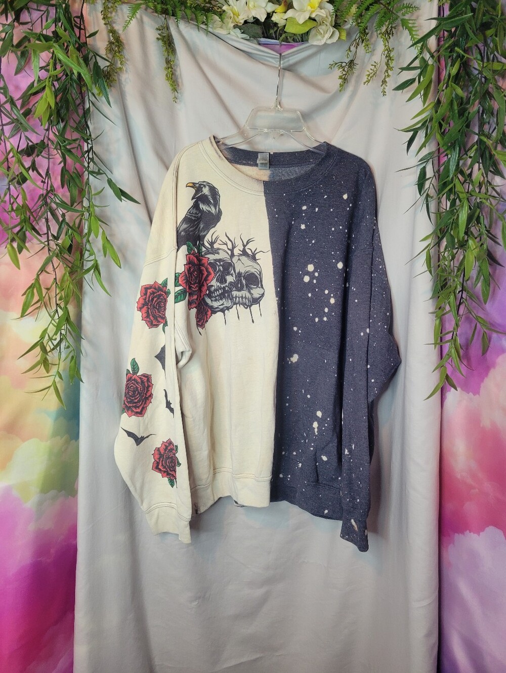 Dark Romance Raven, Skulls & Roses Half & Spotted Custom Bleach Sweater